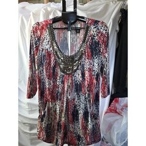 Changes By Together Size 12‎ Boho Tunic. Beaded Neckline Pockets 3/4 Sleeves.
